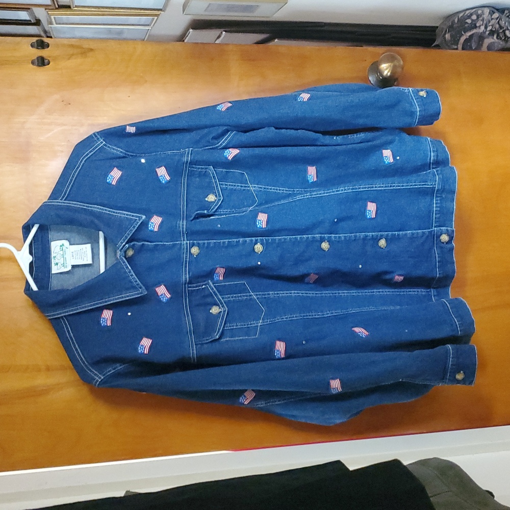 Blue Denim Jean Jacket with Flag Accents THE QUACKER FACTORY